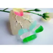 Green Pink Blue Pebble Shaped Frosted Sea Glass Silver Ladies Dangle Earrings