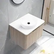 ACA International Vanity Unit 610mm Bathroom Cabinet Storage Soft-Closing Wall Hung Stone Counter Top with 35 * 35cm Counter Top Basin Water-Resistant (Oak Without Waste)