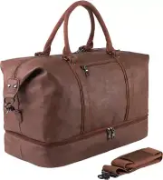 Leather Travel Bag with Shoe Pouch,Weekender Overnight Waterproof Brown