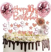 Happy Birthday 16th Cake Topper, Rose Gold Heart Cake Toppers, Rose Gold Star