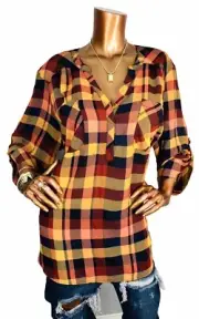 Torrid 3 or 3X Plus Top Harper Plaid Check 1/2 Button Up Shirt Blouse Low V Cut
