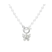 MsBlossom - Faux Pearl Butterfly Dangle Choker - 1pc - Silver