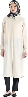 [Tuğba] Long Tunic for Muslim Women – Modest Hidden Button Shirt, Elegant Loose Fit Blouse, Hijab-Friendly Muslim Clothing,Beige, Begie, 18-20