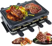 raclette Grill, 1300W Electric Griddle with 4 min Pans, Adjustable Temperature, Non-Stick Coating, Removable for Cleaning, Rapid Heating, Double Layer Indoor Grill for BBQ, Steak, Sausage