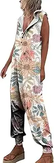[Generic] Wide Leg Jumpsuits for Womens with Pockets 2023 Summer Beach Resort Wear for Women Loose Fit Playsuit Sleeveless Hooded Rompers Retro Print Button V Neck Dungarees Bib Long Pants Overalls