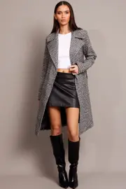 Black Check Tie Front Coat Knee Length - Size 12, Women's Coat