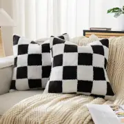 Checkered Jacquard Shag Throw Pillow Covers, Pack of 2 Fluffy Black White Cute D