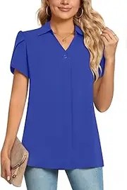 [POPYOUNG] Women's 2023 Summer Collared V Neck Chiffon Blouse Business Tunic Petal Short Sleeve Shirt Dressy Work Tops Shirts