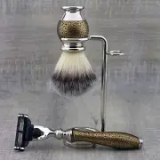Vintage Gold Color Synthetic Shaving Brush and Cartridge Razor Mens Shaving Kit