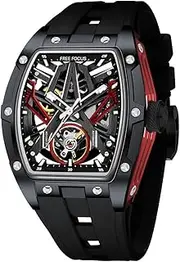 Free Focus Unique Men Watches,Automatic Mechanical Watch,Luxury Skeleton Tonneau Watches for Men with Stainless Steel Case and Silicon Band (Rubies Movement/9ATM Waterproof/Super_Luminous)
