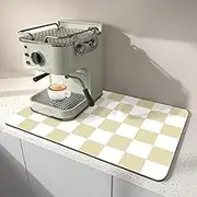 Dish Drying Mat for Kitchen, 15.7’’ X 17.7’’ Coffee Bar Mats for Countertop Fit Under Coffee Maker, Checkered Drying Mat, Hide Stain Rubber Backed Espresso Machine Absorbent Drying Pad, Beige & White