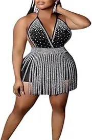 [Generic] Party Night Outfits Women Sexy Elegant Rhinestone Bodycon Halter Backless Mini Dress Hot Drilling Fringe Evening Gowns
