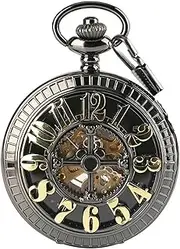 [Kirposh] Black Pocket Watch Skeleton Automatic Mechanical Watches for Men Women Vintage Pocket Watch Mechanical Watch
