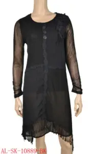 Pretty Angel Women's SM long Sleeve Tunic sheer, fringe,Top Line New Black, NWT