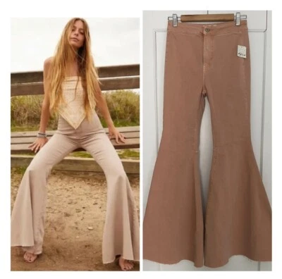 NWT 27 $98 Free People Just Float On Super Flare Stretch Sand Jeans Bell Bottom