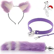 Purple-White Cat Ears Headband,Multiple Sizes Fox Tail Plug Amal, Adjustable Velvet Choker 3 Pieces for Role Play Cosplay