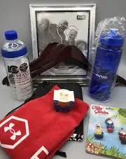 Junk Drawer Treasures Silver Frame Water Bottles Hangers Gnome Figurines Towel