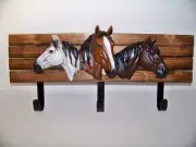 Glass Horse Heads Wall Hanger Hooks Western Equestrian Rustic Sculpture Wood