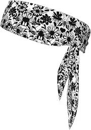 [HVTTIOR] Black and White Flowers Print Multifunctional Sweat Wicking Sports Head Tie Headband for Tennis Basketball Karate