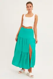 Green Maxi Skirt High Waist Split Tiered - Size 12, Women's Maxi Skirt