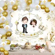 Katingqi Baptism First Communion Decorations Primera Comunion Decoracion,Mi Nuestra Primera Comunion Backdrop Banner White Gold First Communion Balloon Arch,God Bless Bautizo 1st Holy Communion Decor