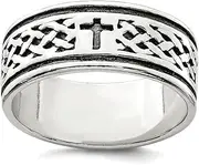 [JewelryWeb] 925 Sterling Silver Solid Polished Artisan Oxidized Religious Faith Cross and Weave Design Ring Band Style-Ring for Women