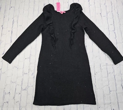 Lilly Pulitzer SIZE L Ruth Black Metallic Ruffle Fluffy Sequin Sweater Dress