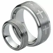 His & Hers 9mm/7mm Tungsten Carbide StepEdge Cross Center Wedding Band Ring Set