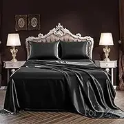 ForZzz 2000TC 4 Pieces Art Silky Satin AU Size Bedding Sheet Set/Silk Satin Pillowcase Fitted Flat Sheet Set/Deep Pocket Luxury Stain-Resistant Wrinkle Free (King,Black)