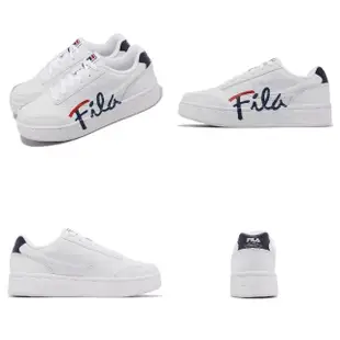 【FILA】休閒鞋 Court LUX Premium 白 海軍藍 男女鞋 小白鞋 皮革 草寫 微厚底 斐樂(4C304X123)