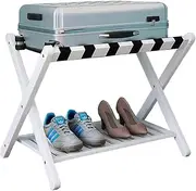 SHENMAIDAY Folding Luggage Rack Stand with Shelf, Heavy Duty Bamboo Suitcase Stand with Shoe Shelf, Foldable Suitcase Storage Caddy Holder for Bedroom, Guest Room, Hotel Essentials, White