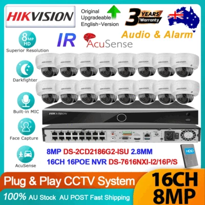 Hikvision 32MP 16CH 4K 8MP Darkfighter AcuSense Mic IP Camera CCTV System Kit AU
