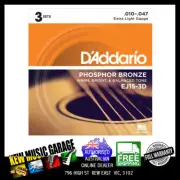 D'ADDARIO EJ15-3D PHOSPOR BRONZE EXTRA LIGHT 10-47 ACOUSTIC GUITAR STRINGS 3 PAC