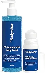 Be Bodywise 1% Salicylic Acid Body Wash (250ml) & Underarm Roll on (50ml) | 2% Lactic Acid, 1% Mandelic Acid | Prevents Body Acne, Odour & Pigmentation | Suitable for Sensitive Skin