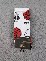 Vans Crew Socks Mens Womens 6.5-9 White Skull Red Roses Logo All Over Print New