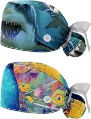 [YTYVAGT] 2-Pc,Nurse Scrub Caps,Scrub Hats with Buttons and Cotton Sweatband,Angry Shark in Forest Ocean