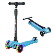 Blue Foldable Kids Scooter Adjustable Height Flashing LED Lights 3 Wheels Kick Push