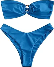 [ZAFUL] Women's Tie Dye Ribbed O Ring Lace Up Tie Side Bandeau Bikini Set Swimsuit