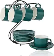 Porcelain Coffee Cups(220ml) with Saucers & Metal Stand, Candiicap Coffee Cups Set for Cappuccino, Latte, Expresso, Americano, Tea (220ml,Matte Green)