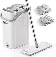 oshang Mop and Bucket Set for Home Floor Cleaning, Hands Free Flat Mop, Stainless-Steel Handle, 4 Washable & Reusable Microfiber Pads