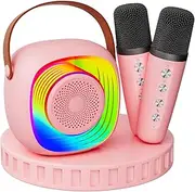 Mini Karaoke Machine with 2 Wireless Microphones, Portable Bluetooth Karaoke Speaker with Party Lights for Kids and Adults, Birthday Gifts for Girls Boys Family Home Party (Pink)