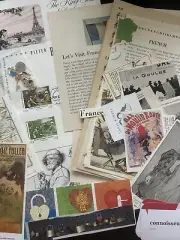 Paris France theme vintage book pages & cutouts, stamps, charms junk journal