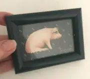 Vtg MINI Navy Blue Pink PIG Wooden FRAMED PRINT Hog 3X4" WALL Farmhouse
