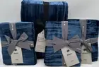 West Elm Lush Crinkle Velvet KING Duvet Cover & 3 Euro Shams ~ Regal Blue