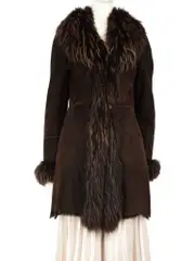 Brown Suede Fur Trimmed Shearling Coat