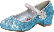 [Disney] Frozen 2 Girls Anna and Elsa Dress Up Princess Snow Queen Glitter Shoes Party Low Heels Sandals for Girls Blue Sparkle