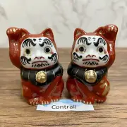 Maneki Neko Beckoning Lucky Cat Daruma Pair Kutani Ware Porcelain
