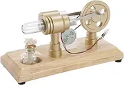 Hot Air Stirling Engine Electricity Generator Model with Light Flywheel Design Science Experiment with Wooden Base DIY Education Toy for Teacher Adults School Office Decor LL-007-Gold