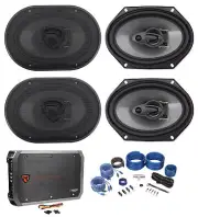 (4) Rockville RV68.3A 6x8" 1800w 3-Way Car Speakers+4-Channel Amplifier+Amp Kit