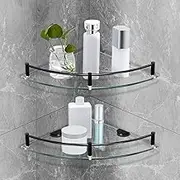 LeoLeozz Glass Shelf, Black, 2 Pack, Bathroom Glass Floating Shower Shelves with Rail (Black)